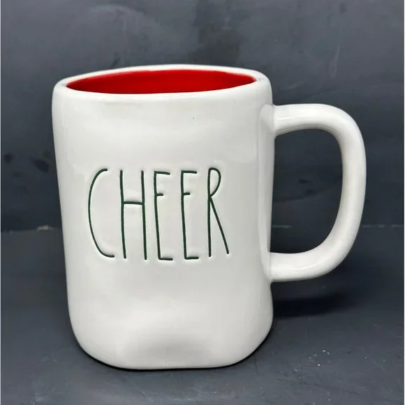RAE DUNN CHEER White Coffee Mug Green LL Long Letter Red Interior Christmas - Picture 1 of 8